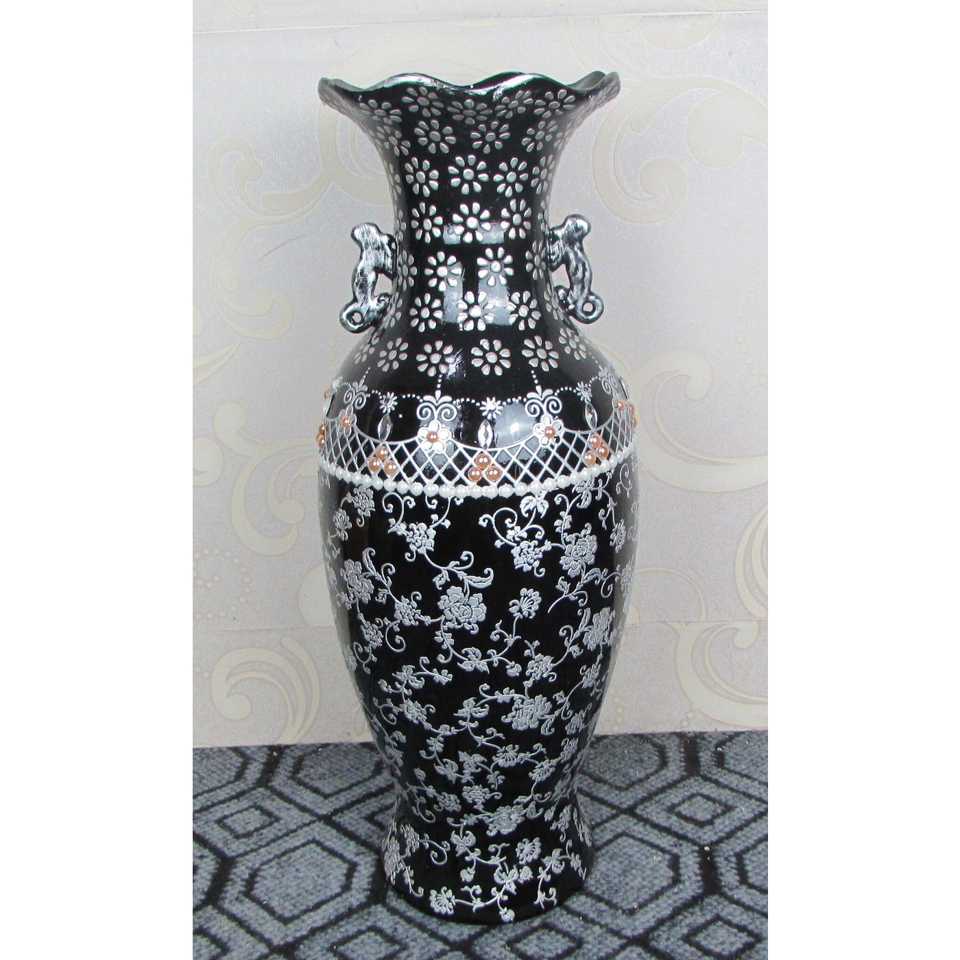 Black Silver Flower Design Vase